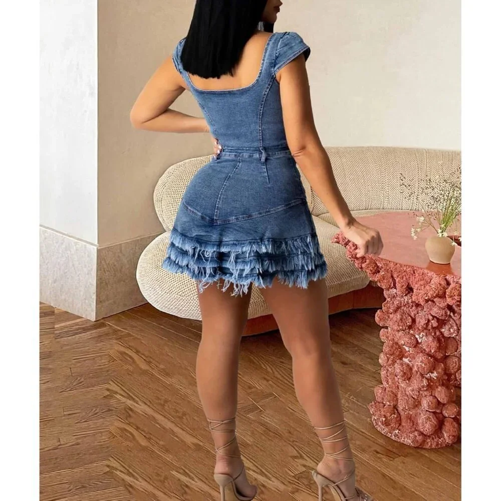 Women's Tiered Denim Dress Short Sleeve V-Neck Low Cut Button Up Casual Day